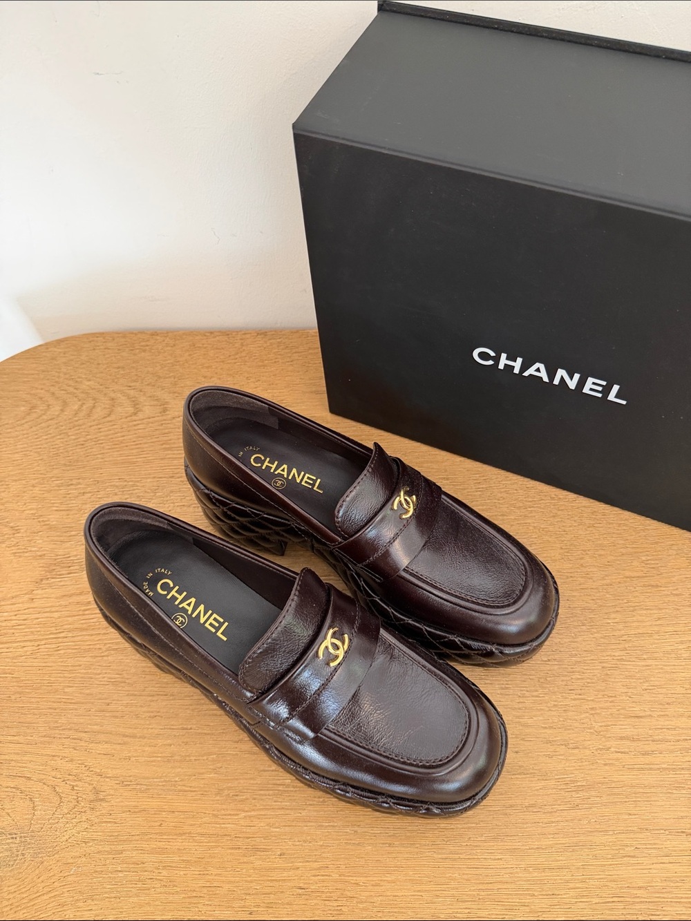 CHANEL Brown Quilted Platform Penny Loafers with Gold CC - Picture 8 of 9